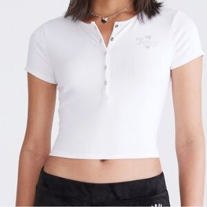 Juicy Couture X Aeropostale White Short Sleeve Henley Crop Top